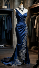 Classy Style Mermaid One Shoulder Navy Satin Ruffle Embroidered Hem Slit Long Prom Dress, Evening Dress HZ1024