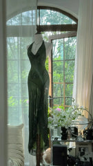 Sexy Mermaid Halter Dark Green Chiffon Sequin Long Prom Dress, Evening Dress HZ1024