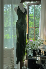 Sexy Mermaid Halter Dark Green Chiffon Sequin Long Prom Dress, Evening Dress HZ1024