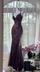 Grape Mermaid Spaghetti Straps Chiffon Sequin Long Prom Dress, Evening Dress HZ1024