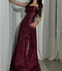Shiny A Line Strapless Satin Tulle Sequin Long Prom Dress, Evening Dress HZ1024