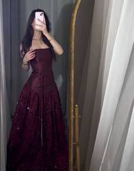 Shiny A Line Strapless Satin Tulle Sequin Long Prom Dress, Evening Dress HZ1024