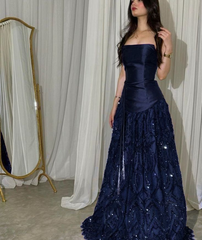 Shiny A Line Strapless Satin Tulle Sequin Long Prom Dress, Evening Dress HZ1024