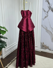 Shiny A Line Strapless Satin Tulle Sequin Long Prom Dress, Evening Dress HZ1024