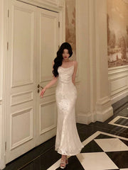 Gorgeous Mermaid Spaghetti Straps Date Night Dress Floral Ivory Satin Prom Dresses Birthday Outfit SD744