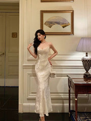 Gorgeous Mermaid Spaghetti Straps Date Night Dress Floral Ivory Satin Prom Dresses Birthday Outfit SD744