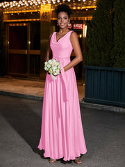 Simple Chiffon Dresses with V Neckline Candy Pink