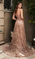 Glitter Print Strapless Sheer-Corset Prom Dress CB046