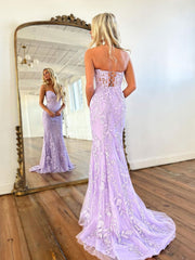 Mermaid Sweetheart Neck Lace Purple Long Prom Dress, Purple Formal Dress