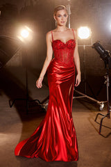 Cinderella Divine CD868 Long Formal Spaghetti Strap Fitted Prom Dress
