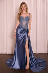Cinderella Divine CD868 Long Formal Spaghetti Strap Fitted Prom Dress