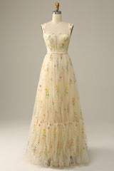 A Line Champagne Tulle Floral Prom Dress