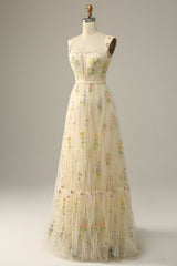A Line Champagne Tulle Floral Prom Dress