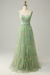 A-Line Square Neck Purple Long Prom Dress with Embroidery