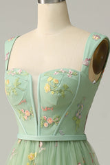 A Line Green Tulle Floral Prom Dress