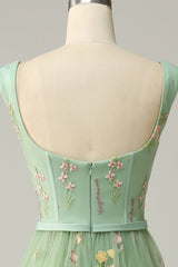 A Line Green Tulle Floral Prom Dress