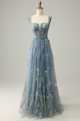 Elegant A-Line Square Neck Green Long Prom Dress with Embroidery