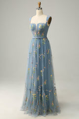A Line Purple Tulle Floral Prom Dress