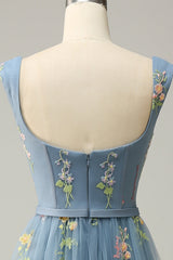 A Line Grey Blue Tulle Floral Prom Dress