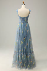 Elegant A-Line Square Neck Green Long Prom Dress with Embroidery