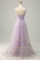 A Line Champagne Tulle Floral Prom Dress
