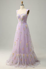 A Line Green Tulle Floral Prom Dress