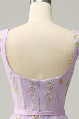 A Line Champagne Tulle Floral Prom Dress