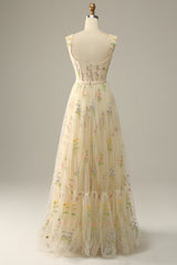 Elegant A-Line Square Neck Green Long Prom Dress with Embroidery