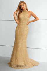 Golden Halter Neck Mermaid Prom Dress