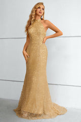 Golden Halter Neck Mermaid Prom Dress