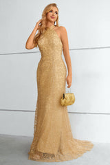 Golden Halter Neck Mermaid Prom Dress