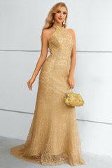 Golden Halter Neck Mermaid Prom Dress