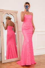 Hot Pink Sequin Spaghetti Straps Prom Dress