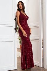 Sheath Deep V Neck Burgundy Sequins Prom Dress