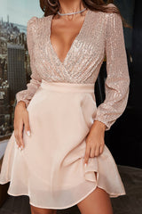 Champagne V-Neck Sequined Homecoming Dress