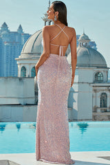 Light Pink Halter Neck Sequined Mermaid Prom Dress