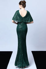 Mermaid V Neck Dark Green Sequins Long Prom Dress with Short Sleeves