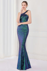 Colorful One Shoulder Sequined Mermaid Evening Dress