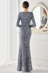 Burgundy Sequined Long Sleeves Evening Dress with Slit