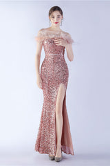 Black Bodycon Off The Shoulder Sequins Long Evening Dress with Ostrich Feather