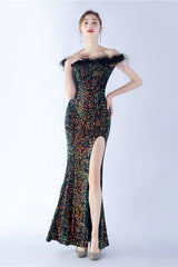 Black Bodycon Off The Shoulder Sequins Long Evening Dress with Ostrich Feather