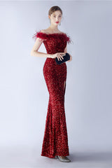 Black Bodycon Off The Shoulder Sequins Long Evening Dress with Ostrich Feather