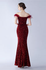 Black Bodycon Off The Shoulder Sequins Long Evening Dress with Ostrich Feather