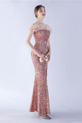 Black Bodycon Off The Shoulder Sequins Long Evening Dress with Ostrich Feather