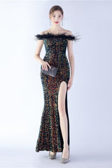 Black Bodycon Off The Shoulder Sequins Long Evening Dress with Ostrich Feather