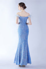 Black Bodycon Off The Shoulder Sequins Long Evening Dress with Ostrich Feather