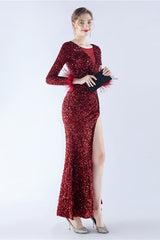 Black Mermaid Sequin Feather Long-Sleeve Evening Dress With Slit