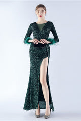 Black Mermaid Sequin Feather Long-Sleeve Evening Dress With Slit