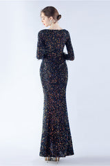 Black Mermaid Sequin Feather Long-Sleeve Evening Dress With Slit