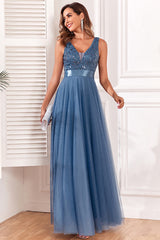 A-Line V-Neck Blue Prom Dress
